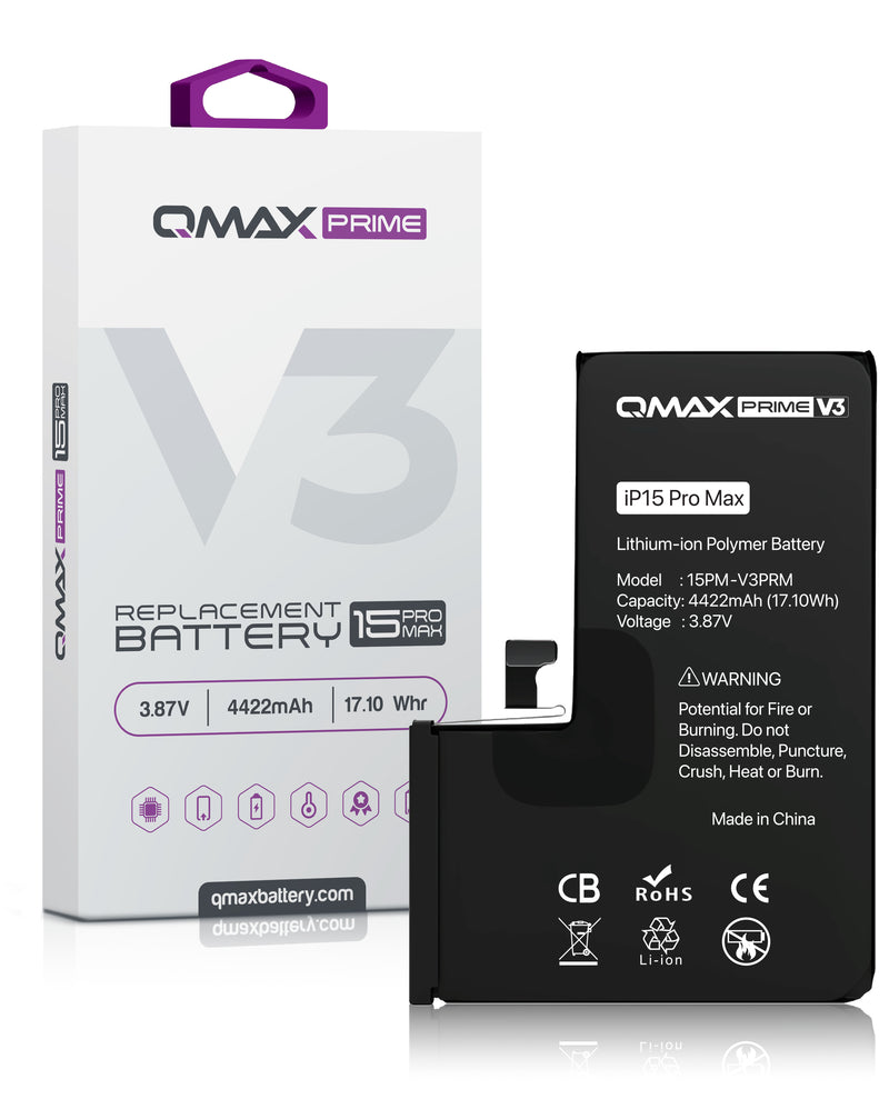 Reparación de batería QMAX Prime V3 con 4422 mAh para iPhone 15 Pro Max en Guatemala.