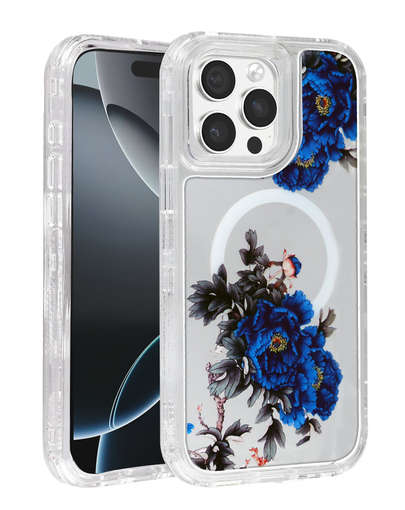 Encuentra la funda transparente con diseño floral y cargador inalámbrico para iPhone 15 Pro Max en Guatemala, en SlowBack, mayorista de accesorios iPhone.