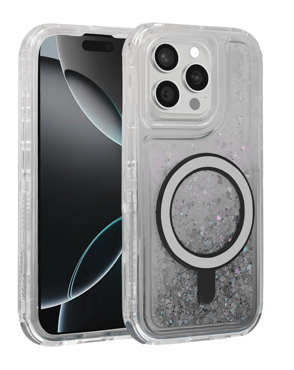 Encuentra la mejor funda protectora glitter liquid bumper con carga sin cable para iPhone 15 Pro Max en Guatemala.
