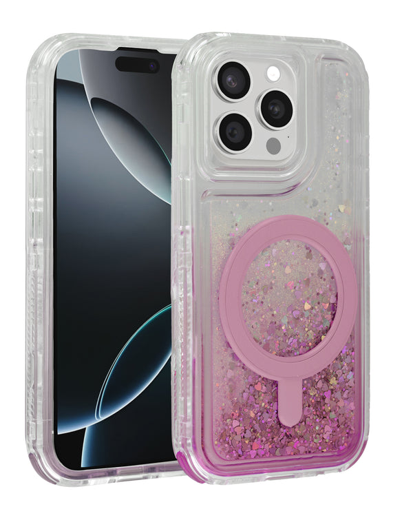 Encuentra la funda protectora con carga inalámbrica glitter liquid para iPhone 15 Pro Max color rosa en Guatemala.