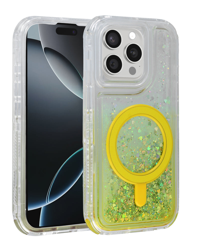 Encuentra la mejor funda protectora con carga inalámbrica y bumper líquido glitter para tu iPhone 15 Pro Max en Guatemala.