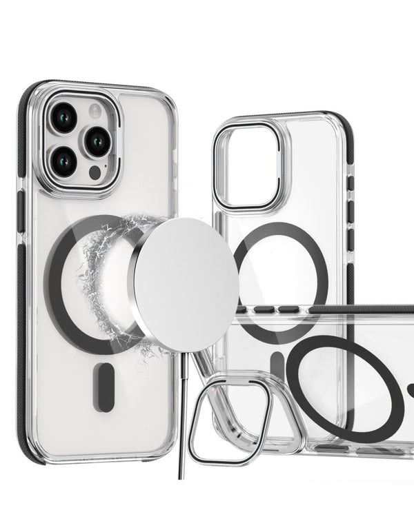 Encuentra la funda magnética transparente delgada con soporte para cámara para iPhone 15 Pro Max en Guatemala.