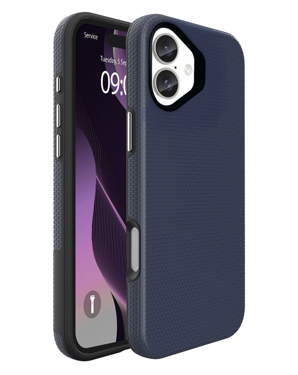 Encuentra la mejor funda protectora de doble capa con absorción de choques para tu iPhone 16 en Guatemala, disponible en color azul en SlowBack.