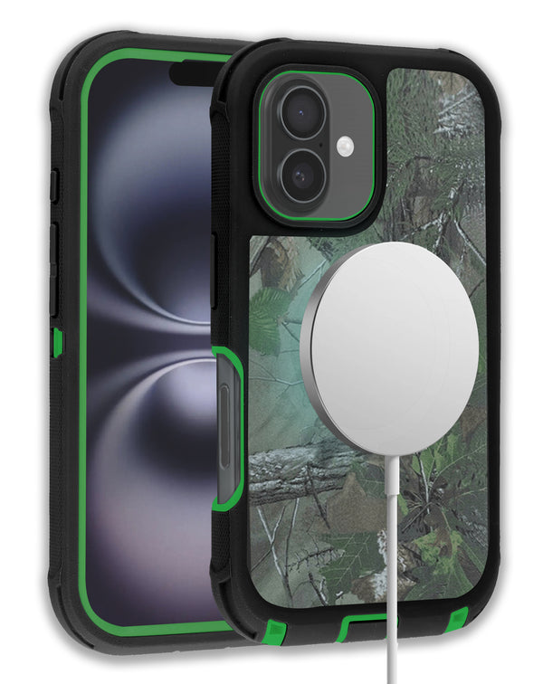 Compra el mejor case heavy duty con carga inalámbrica en color CAMO GREEN para iPhone 16 en Guatemala.