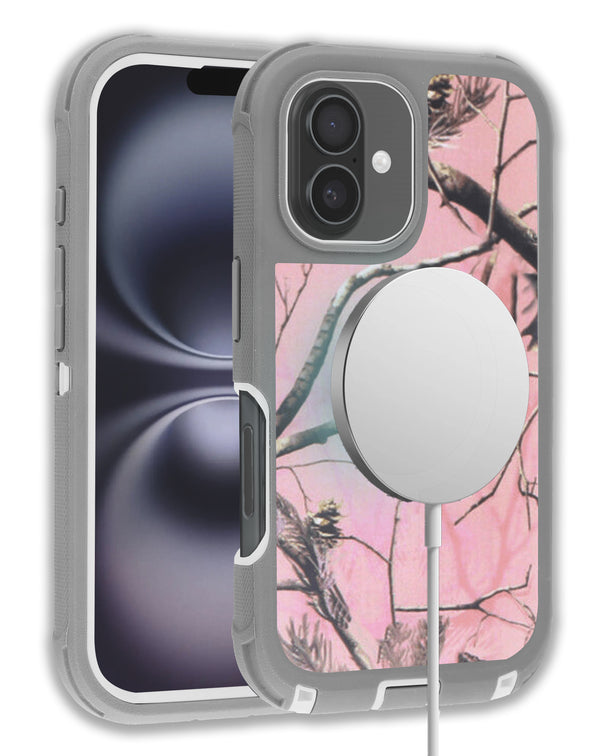 Encuentra la mejor funda con carga inalámbrica heavy duty CAMO PINK para iPhone 16 en Guatemala.