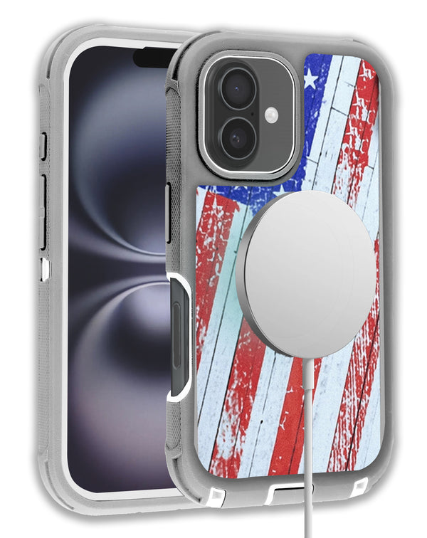 Encuentra la mejor funda de carga inalámbrica y heavy duty con diseño US FLAG para iPhone 16 en Guatemala.