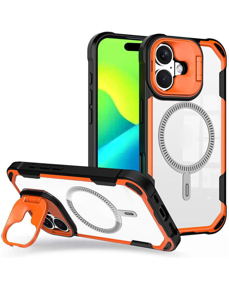 Funda transparente magnetica con soporte y protector de lente de camara iPhone 16 ORANGE
