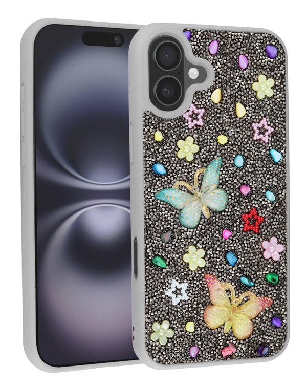 Encuentra la mejor funda de mariposa con glitter y rhinestones para tu iPhone 16 en Guatemala.