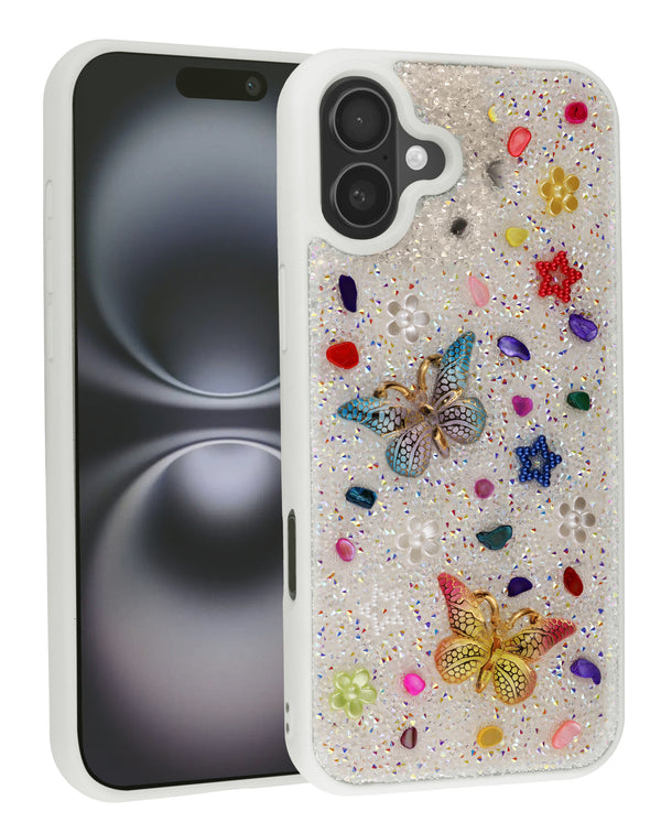 Encuentra la mejor funda decorativa para iPhone 16 en Guatemala con diseño de mariposa, brillo y pedrería.