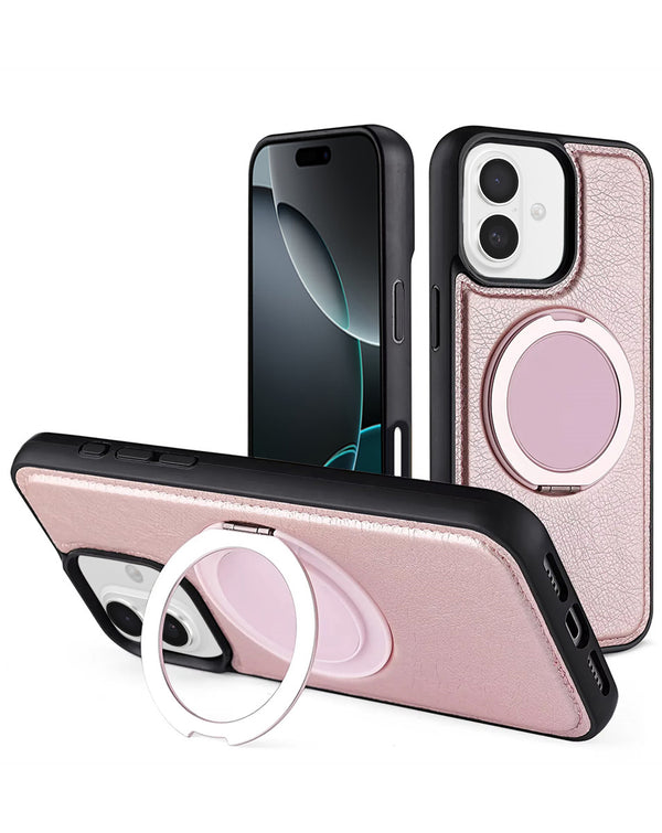 Funda de cuero slim con soporte de carga inalámbrica para iPhone 16 en color rosa, ideal para proteger tu dispositivo en Guatemala.