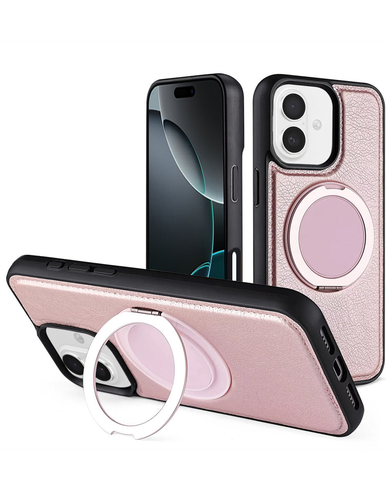 Funda de cuero slim con soporte de carga inalámbrica para iPhone 16 en color rosa, ideal para proteger tu dispositivo en Guatemala.