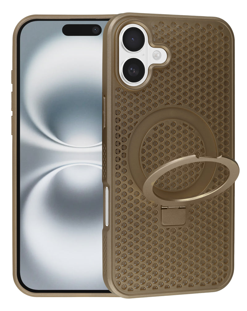 Encuentra en Guatemala el mejor case disipador de calor con soporte para iPhone 16 en color cafe, ideal para proteger tu dispositivo y mantenerlo fresco.