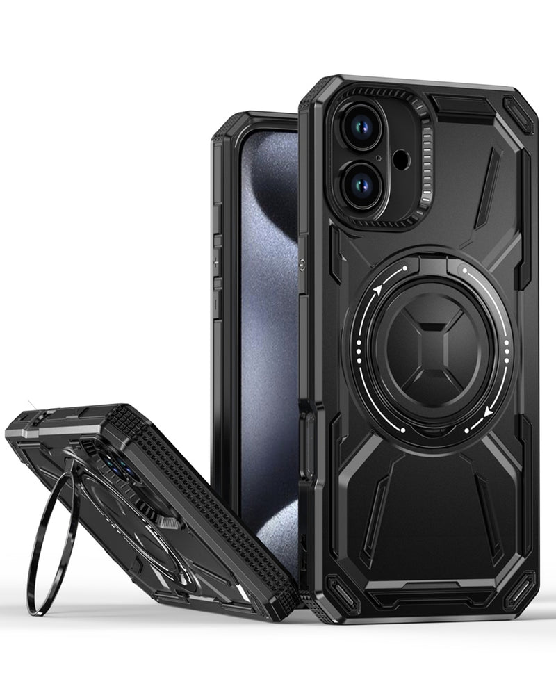 Protege tu iPhone 16 con una funda antishock de cuerpo completo en Guatemala, disponible en color negro con soporte de anillo incorporado.