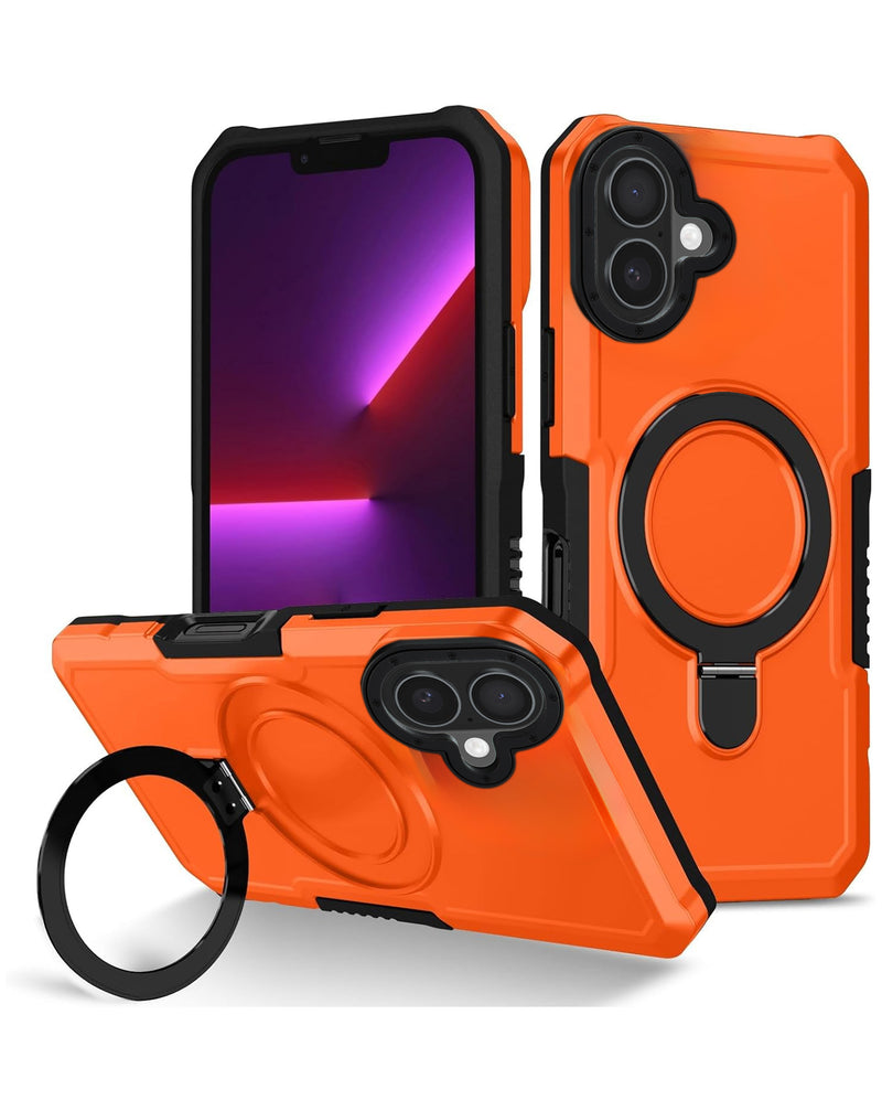 Funda dura antimpacto con soporte para anillo para iPhone 16 en color naranja en Guatemala.
