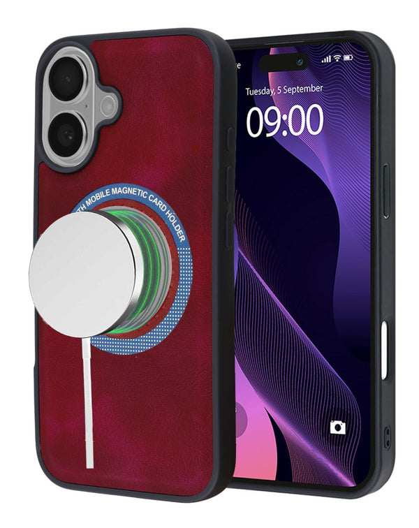 Encuentra tapas traseras de cuero mate con carga inalámbrica para iPhone 16 de color rojo vino en Guatemala.