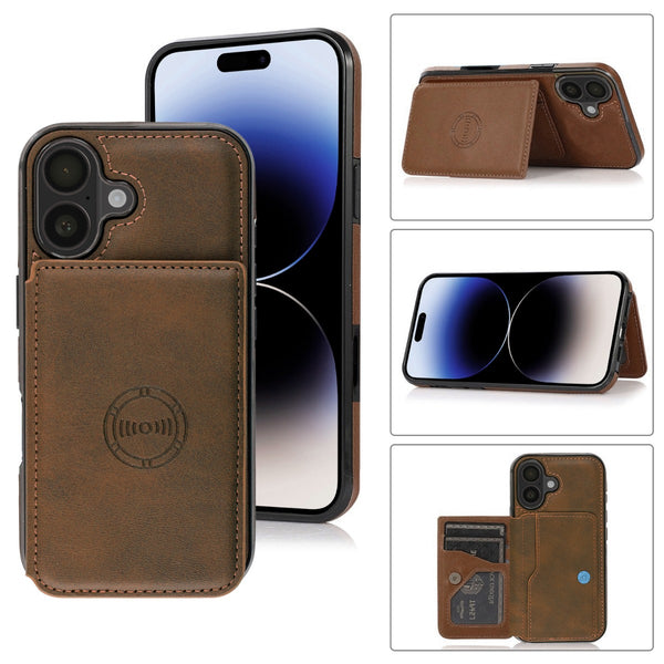 Encuentra la mejor funda billetera de cuero en Guatemala para iPhone 16 en color marrón en SlowBack, mayorista de accesorios iPhone.