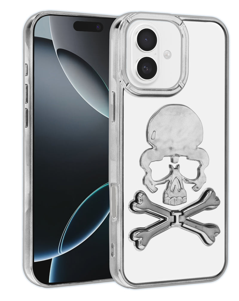 Encuentra la mejor funda con diseño de calavera transparente plateado para iPhone 16 en Guatemala, en nuestro catálogo de accesorios para iPhone con envío a todo el país.