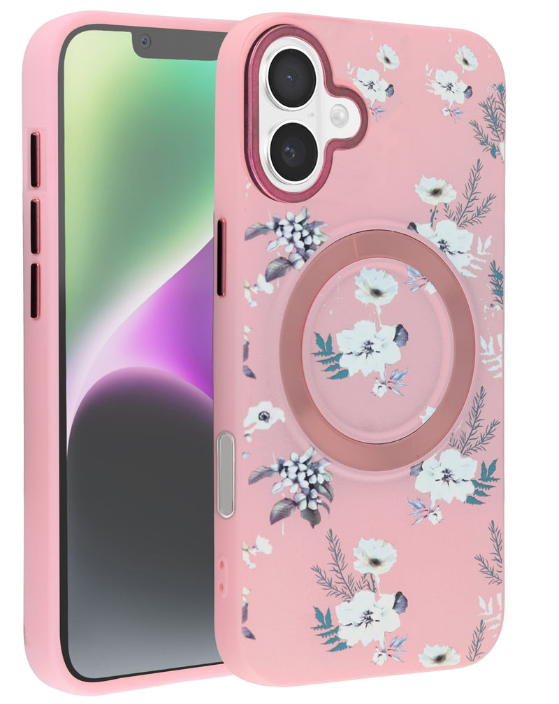 Encuentra la mejor funda de carga inalámbrica con diseño floral para iPhone 16 en Guatemala en SlowBack, mayorista de accesorios Apple.