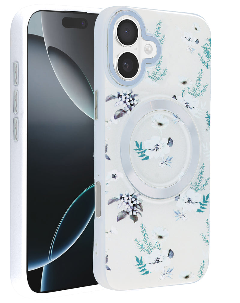 Compra en Guatemala el mejor case de carga inalámbrica con diseño de flores en color blanco para iPhone 16 en SlowBack.