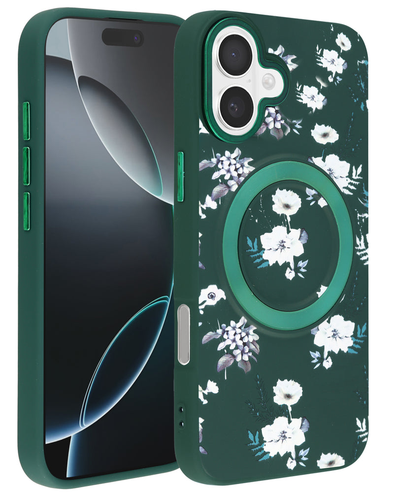 Case de carga inalambrica Flower Design iPhone 16 - DARK GREEN