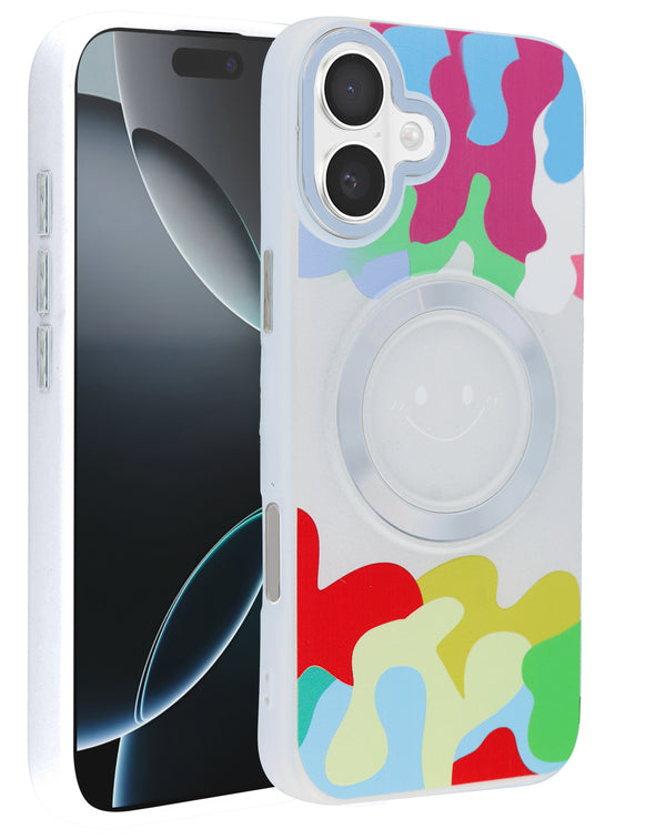 Encuentra en Guatemala el mejor case de carga inalámbrica Happy Face para iPhone 16 en color blanco.