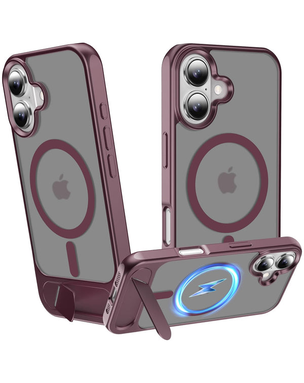 Encuentra el Magsafe Case con soporte metal en color rojo oscuro para iPhone 16 en Guatemala.
