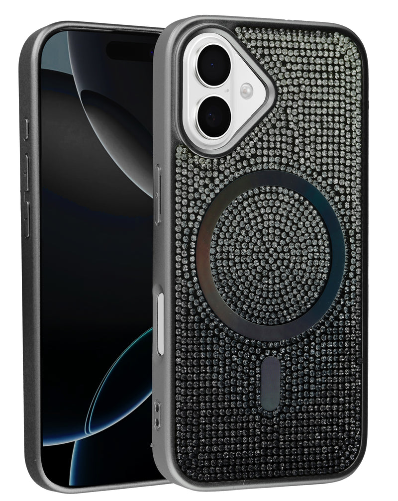 Encuentra tapas traseras con crystal bling para iPhone 16 en Guatemala, disponible en color negro.