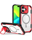 Funda transparente magnetica con soporte protector para lente de camara iPhone 16 Rojo