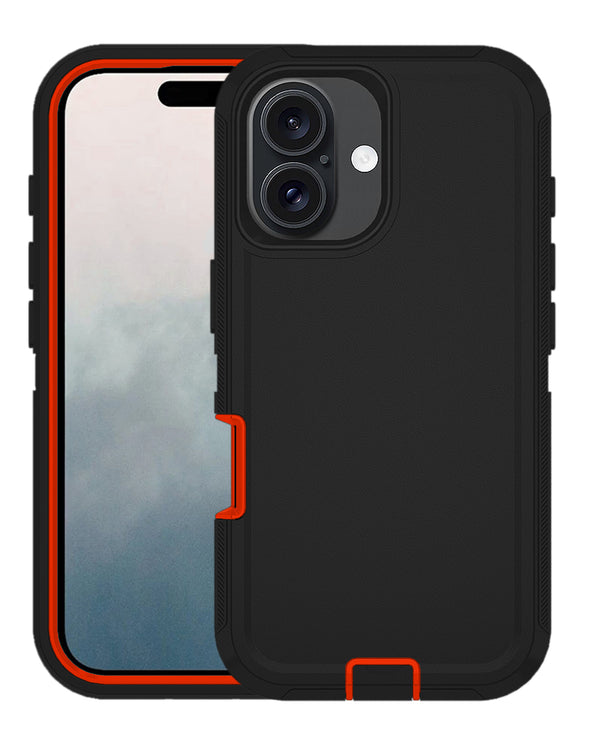 Protector heavy duty para iPhone 16 Plus en Guatemala, en color negro y rojo, ideal para mayoristas de accesorios móviles y talleres de reparaciones.