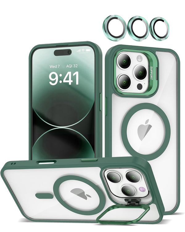 Funda de silicona Transpalet y soporte para camara con lente iPhone 16 Pro (Verde oscuro)