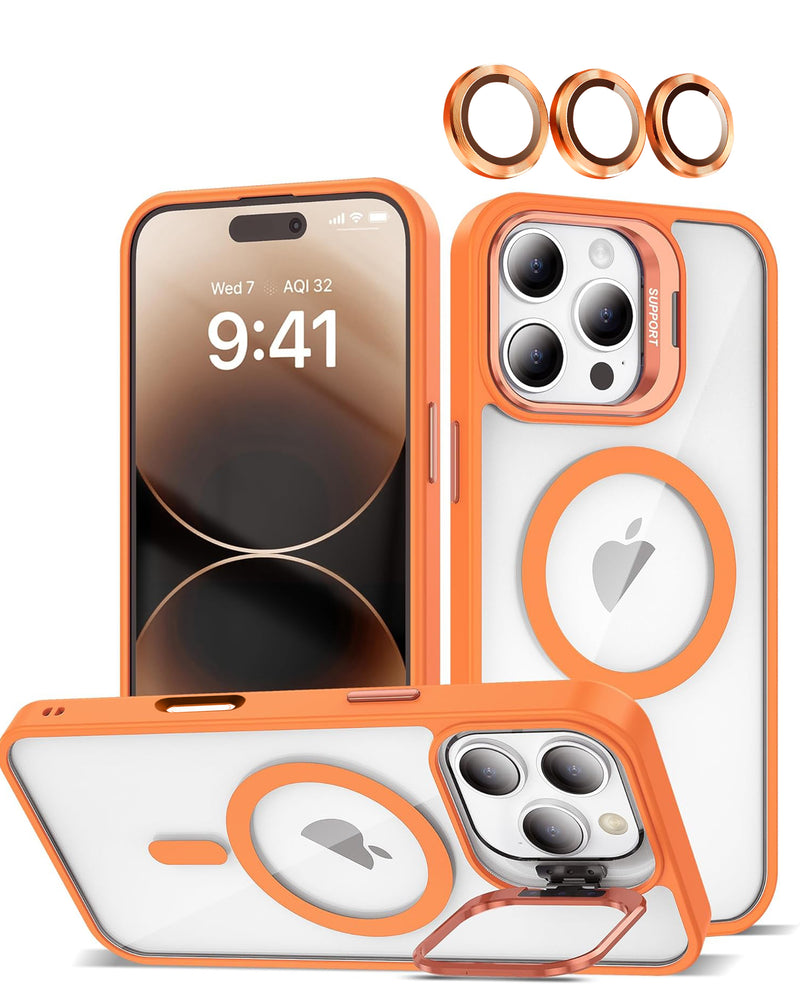 Protege tu iPhone 16 Pro con esta funda de silicona naranja con soporte de cámara y lente transparente en Guatemala.
