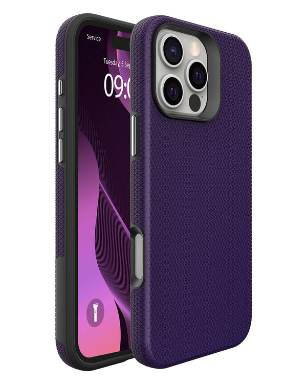 Encuentra la mejor funda protectora de doble capa con absorción de impactos para tu iPhone 16 Pro PURPLE en Guatemala.