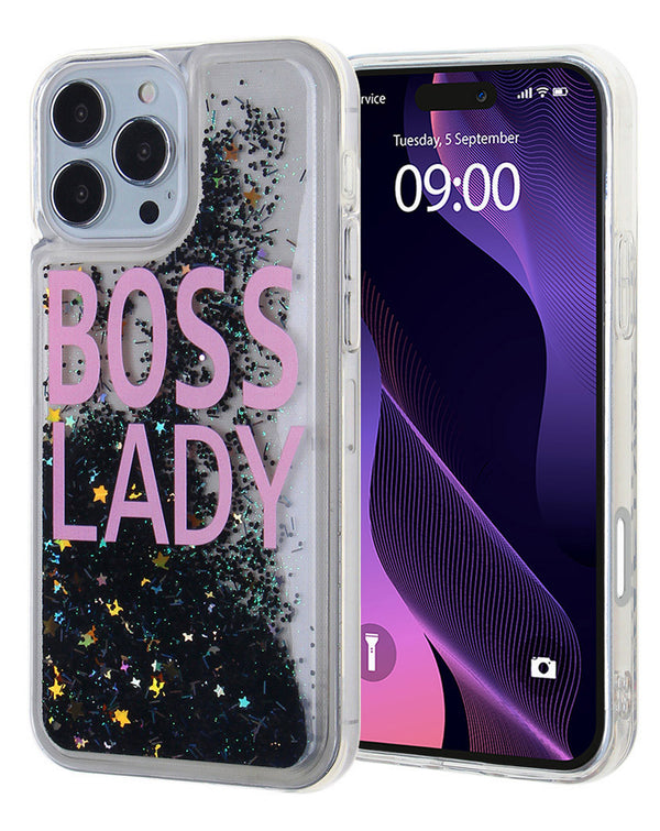 Compra la funda Liquid Quicksand Glitter BOSS LADY para iPhone 16 Pro en Guatemala.