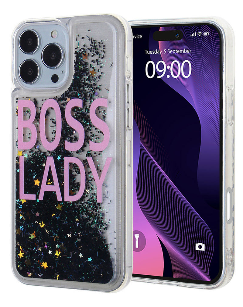 Compra la funda Liquid Quicksand Glitter BOSS LADY para iPhone 16 Pro en Guatemala.