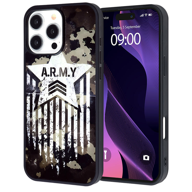 Compra la tapa trasera impresa en aluminio A.R.M.Y para iPhone 16 Pro en Guatemala con SlowBack, expertos en reparaciones y accesorios.