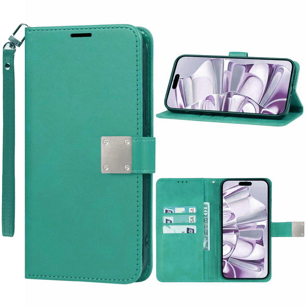 Encuentra la mejor funda de cuero para tu iPhone 16 Pro en Guatemala, con correa de muñeca y estilo elegante TEAL.
