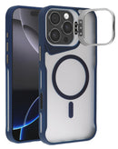 Funda transparente mate con soporte de cámara y carga inalámbrica para iPhone 16 Pro en Guatemala, disponible en azul.