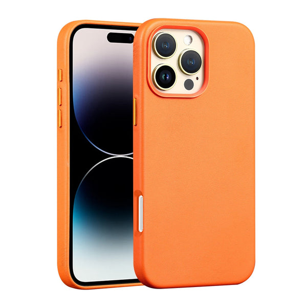Encuentra en Guatemala fundas de cuero con cargador inalámbrico para iPhone 16 Pro en color naranja en SlowBack, mayorista de accesorios para iPhone.
