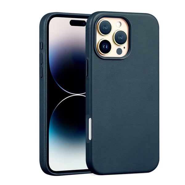 Funda de cuero con cargador inalámbrico para iPhone 16 Pro disponible en Guatemala para accesorios Apple.