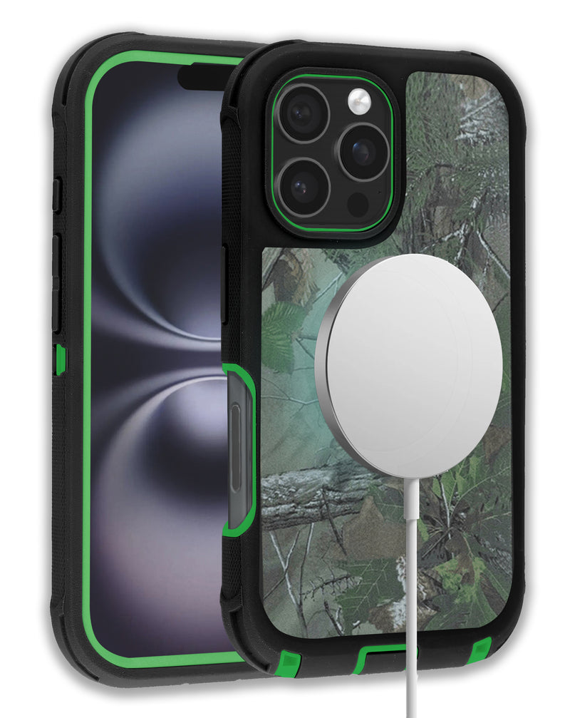 Protector resistente con carga inalámbrica para iPhone 16 Pro en color CAMO GREEN, ideal para encontrar en Guatemala.