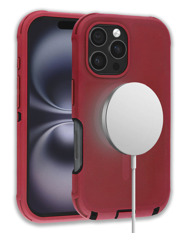 Encuentra fundas de alta resistencia con carga inalámbrica para tu iPhone 16 Pro en Guatemala, disponibles en colores rojo y negro.