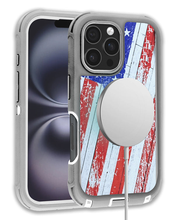 Encuentra la funda heavy duty con carga inalámbrica US FLAG para iPhone 16 Pro en Guatemala, ideal para proteger tu dispositivo con estilo patriótico.