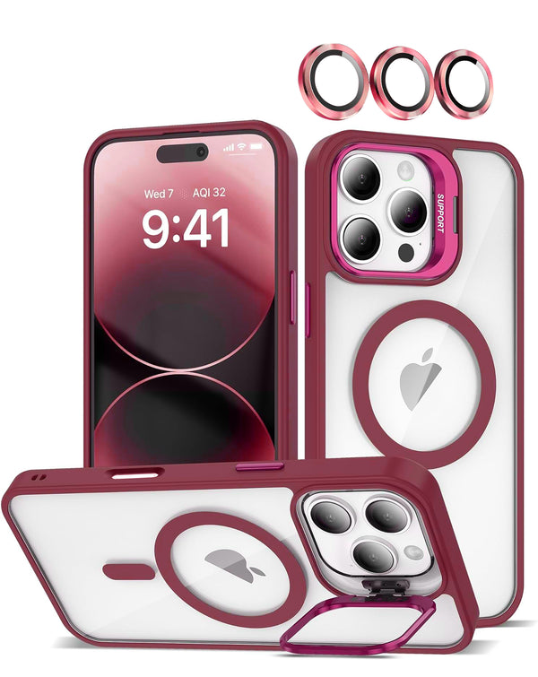 Funda de silicona y soporte de camara con lente iPhone 16 Pro Max (WINE)