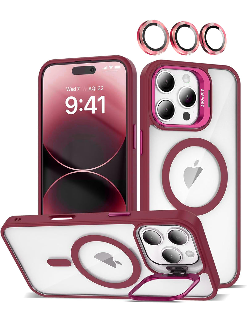 Funda de silicona y soporte de camara con lente iPhone 16 Pro Max (WINE)