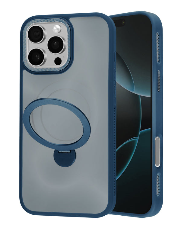 Compra tu case de carga inalámbrica con soporte de anillo giratorio incorporado para iPhone 16 Pro Max en Guatemala, disponible en color AZUL, en SlowBack, mayorista de accesorios iPhone.
