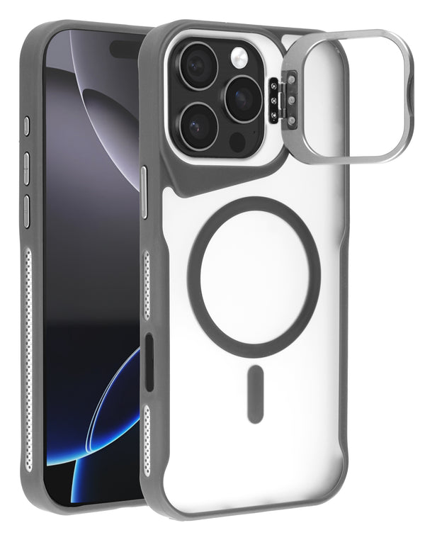 Compra un case transparente mate con carga inalámbrica y soporte para iPhone 16 Pro Max en Guatemala.