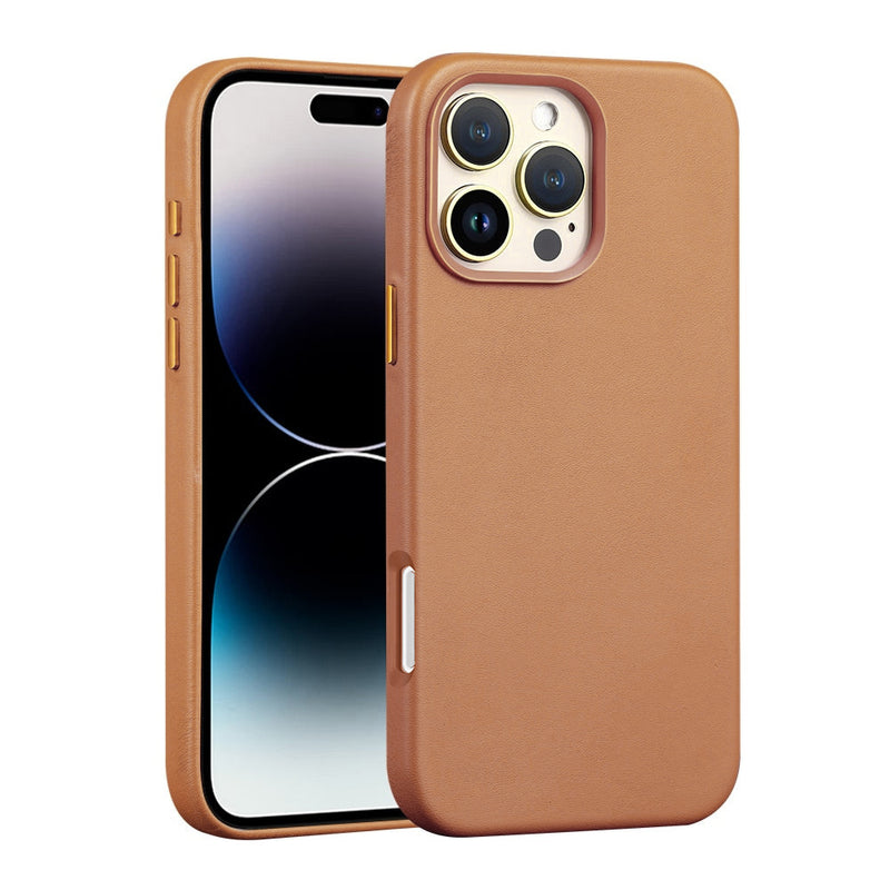 Funda de cuero DARK ORANGE con cargador inalámbrico para iPhone 16 Pro Max en Guatemala, accesorio de calidad para proteger tu dispositivo.