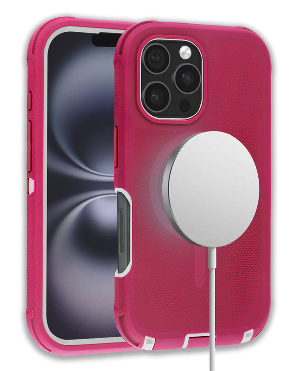 Encuentra en Guatemala el mayorista de casos Heavy Duty con carga inalámbrica para iPhone 16 Pro Max en color rosa y blanco, ideal para proteger tu dispositivo y cargarlo de forma práctica.