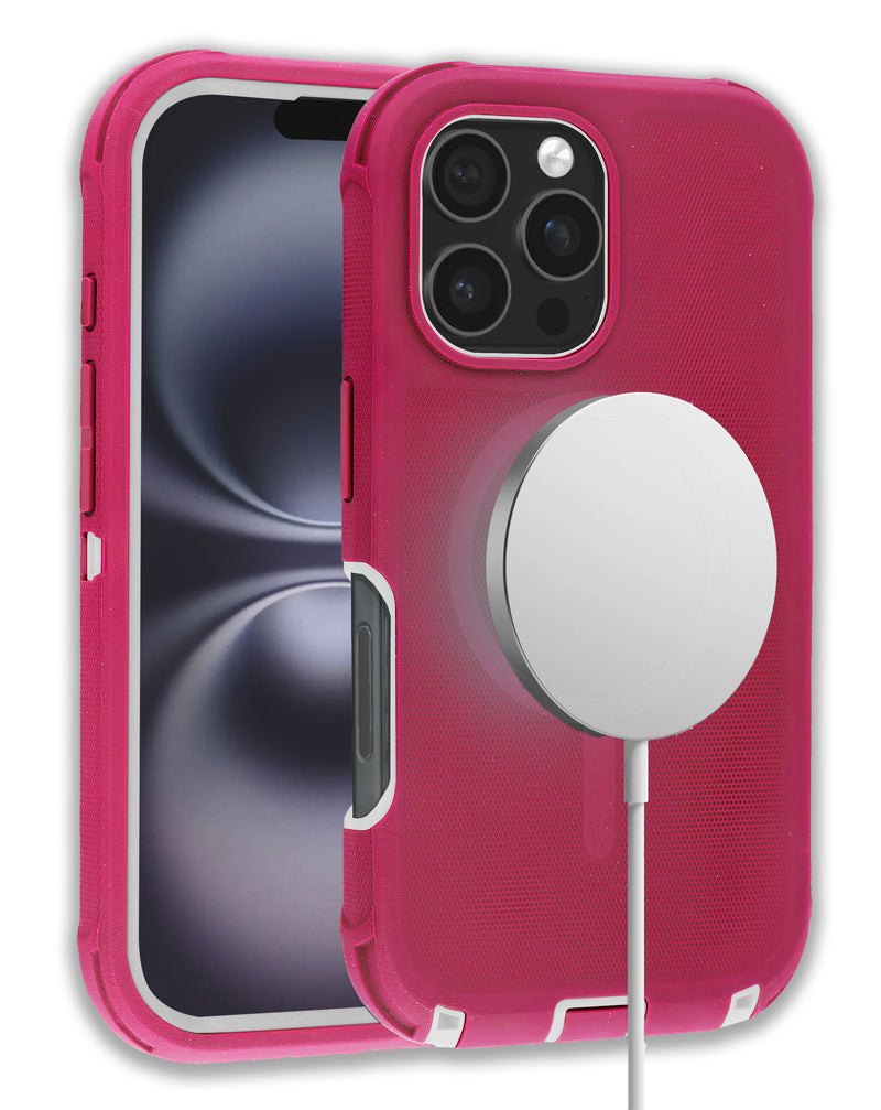 Encuentra en Guatemala el mayorista de casos Heavy Duty con carga inalámbrica para iPhone 16 Pro Max en color rosa y blanco, ideal para proteger tu dispositivo y cargarlo de forma práctica.