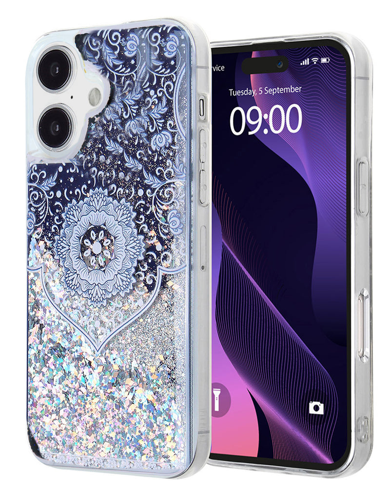Tapa trasera con diseño de flores étnicas y glitter líquido para iPhone 16 Plus en Guatemala.